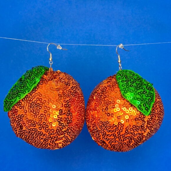 DiscoFruits Plush Sparkly Sequin Statement Disco Orange Earrings Orange & Green - Picture 5 of 5